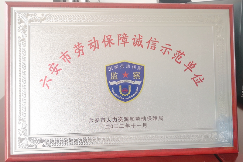 公司榮膺“六安市勞動(dòng)保障誠(chéng)信示范單位”榮譽(yù)稱(chēng)號(hào)